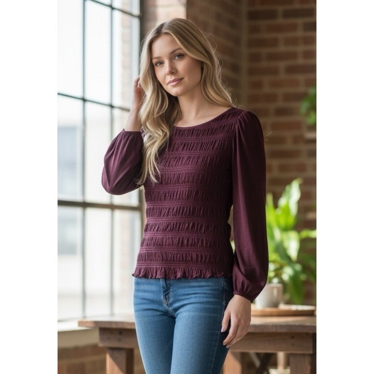 Madewell Women's L New Puff Ls Smocked Knit Top Blouse Burgundy